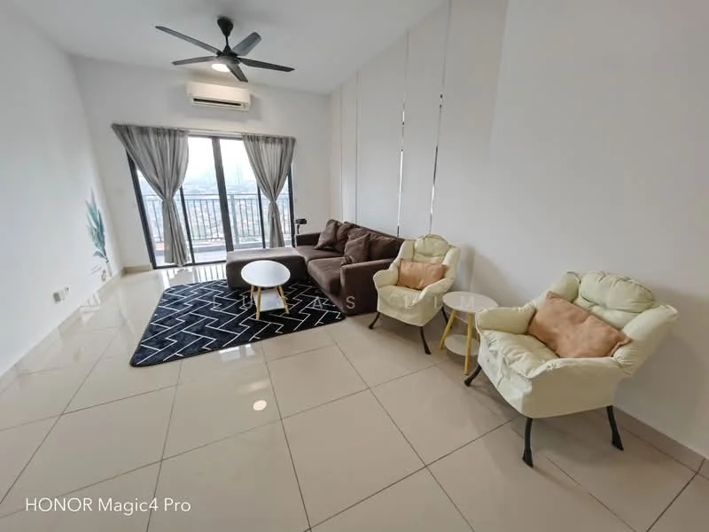 Living features: 3-seater fabric sofa in brown, 2 accent chairs in cream, round side table with gold legs, black area rug with geometric pattern, floor-to-ceiling windows, curtains in grey, ceiling fan with light, wall-mounted air conditioning unit, glossy tile flooring in beige, decorative plant in corner; style: modern; view: city.