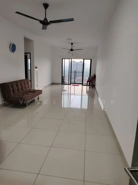 Living features: white painted walls, glossy ceramic tile flooring, 2 ceiling fans, floor-to-ceiling sliding glass doors, balcony access, brown fabric sofa, wall clock, light fixture on ceiling; style: modern; view: city.