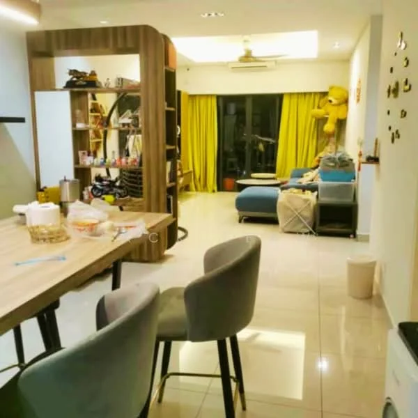 Living features: grey upholstered sofa, wooden coffee table, floor-to-ceiling windows, yellow curtains, white painted walls, recessed downlights, polished tile flooring, decorative wall art, open shelving unit, stuffed animal decor, dining table with grey chairs; style: modern.