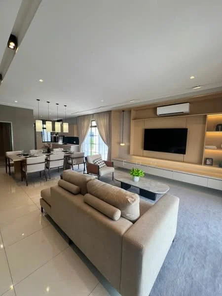 Living features: 3-seater fabric sofa in beige, coffee table, wall-mounted TV, entertainment unit, area rug, floor-to-ceiling windows, curtains, recessed downlights, ceiling-mounted air conditioning unit; style: modern. Dining features: 6-seater dining table, upholstered dining chairs, pendant lighting, open shelving, decorative plants; style: modern.
