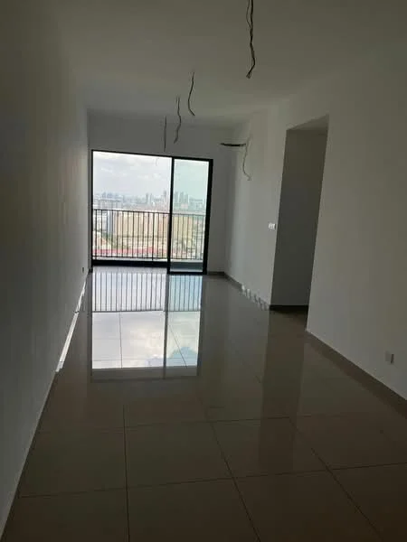 Living features: white painted walls, polished ceramic tile flooring, floor-to-ceiling windows, city view, sliding glass door, recessed downlights, no visible furniture, minimalist decor; style: modern; view: city.