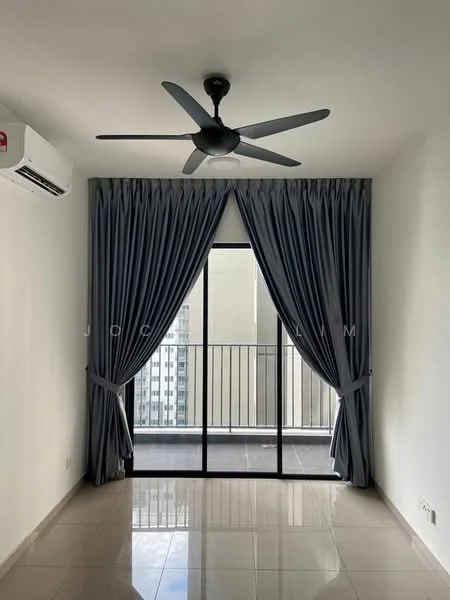 Room features: 5-blade ceiling fan, wall-mounted split AC, floor-to-ceiling sliding glass door, grey curtains, white painted walls, glossy tile flooring, balcony view; style: modern; view: city.