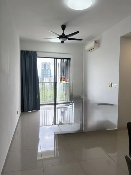 Living features: white painted walls, glossy tile flooring, 5-blade ceiling fan with light, floor-to-ceiling sliding glass door, curtains, wall-mounted split AC, balcony access, natural light from large window; style: modern; view: city.
