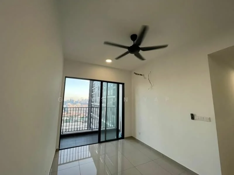 Living features: white painted walls, glossy ceramic tile flooring, 5-blade ceiling fan, floor-to-ceiling sliding glass door, balcony access, natural light from windows, recessed downlights; style: modern; view: city.