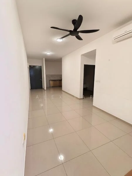 Room features: white painted walls, glossy beige tile flooring, 5-blade ceiling fan, wall-mounted split AC, recessed ceiling lights, open layout, kitchen area visible in background, doorway leading to another room; style: modern.