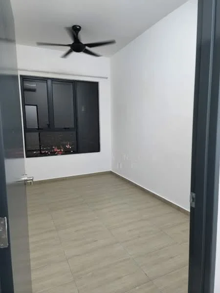 Room features: light grey tiled flooring, white painted walls, black framed window, ceiling fan, roller blinds, no visible furniture, minimalist decor, single light fixture; style: modern; view: city.