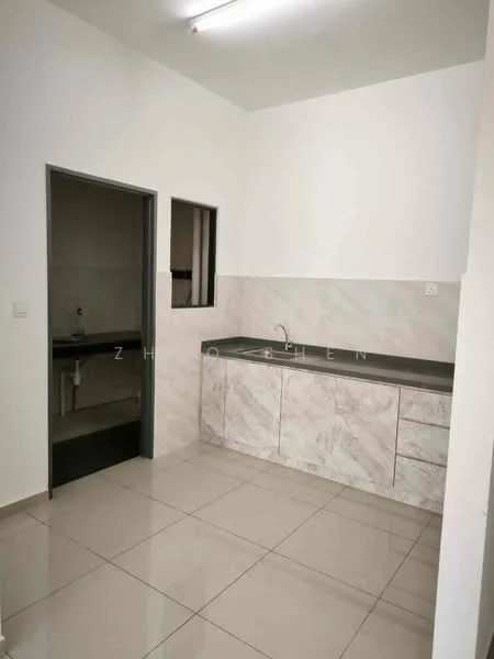 Kitchen features: grey marble countertop, white cabinets, single-bowl stainless-steel sink, chrome faucet, ceramic tile flooring, white painted walls, recessed ceiling lights, window opening to adjacent room; style: modern.
