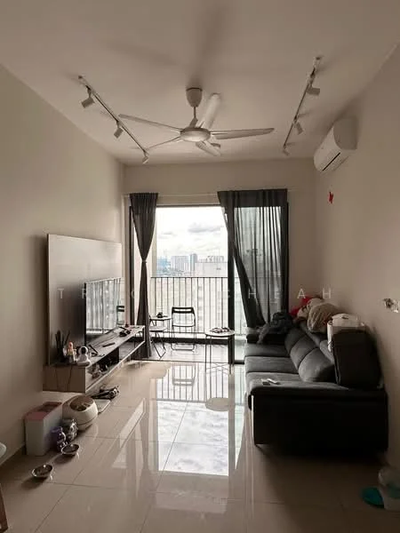 Living features: 3-seater fabric sofa in grey, wall-mounted TV, TV console, ceiling fan, recessed downlights, floor-to-ceiling windows, sheer curtains, sliding glass door, glossy tile flooring, decorative wall art, coffee table, area rug; style: modern; view: city.