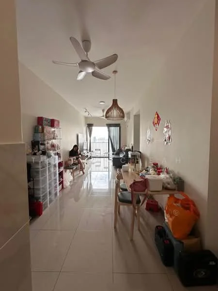 Living features: 5-blade ceiling fan with light, hanging pendant light, large floor-to-ceiling windows, white painted walls, glossy ceramic tile flooring, sofa, coffee table, dining table with chairs, storage cabinets, decorative wall art, open layout, balcony access; style: modern; view: city.