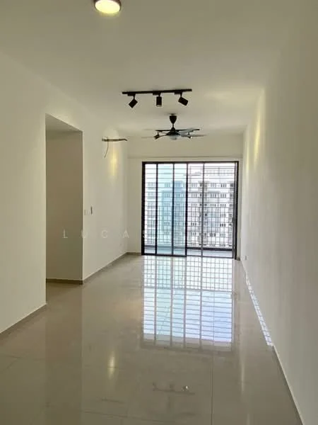 Living features: white painted walls, polished tile flooring, 5-blade ceiling fan with light, track lighting, floor-to-ceiling windows, sliding glass door, city view, natural light; style: modern; view: city.