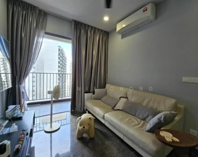 Living features: cream leather sofa, floor-to-ceiling windows, grey painted walls, black polished concrete flooring, wall-mounted air conditioning unit, curtains in grey, small side table, decorative bear, TV console, fan, LED ceiling light; style: modern; view: city.