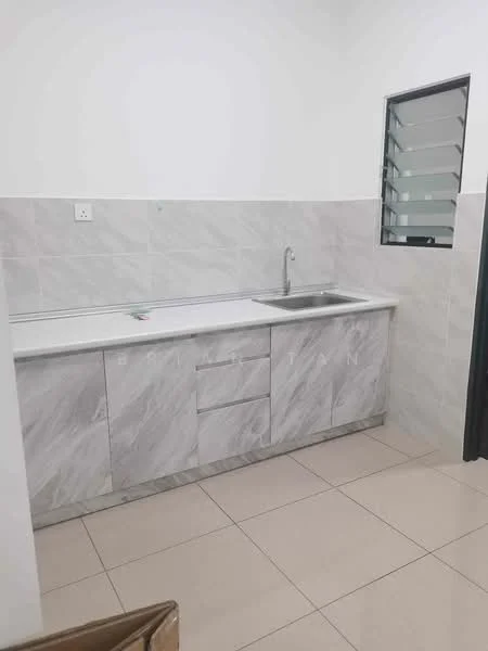 Kitchen features: white marble countertop, single-bowl stainless-steel sink, chrome pull-down faucet, light grey tiled backsplash, grey cabinetry, ceramic tile flooring, window with horizontal slats, wall-mounted electrical outlet; style: modern.