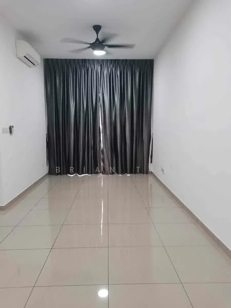 Room features: white painted walls, glossy ceramic tile flooring, 5-blade ceiling fan with light, floor-to-ceiling curtains, air conditioning unit on wall, recessed lighting; style: modern.