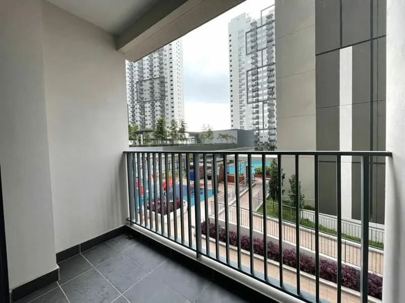 Room features: balcony with metal railing, grey tiled flooring, view of swimming pool, view of surrounding buildings, outdoor space; style: modern; view: pool.