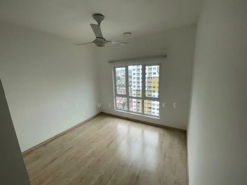 Bedroom features: light wood laminate flooring, white painted walls, 5-blade ceiling fan with light, floor-to-ceiling windows, city view; style: modern; view: city.