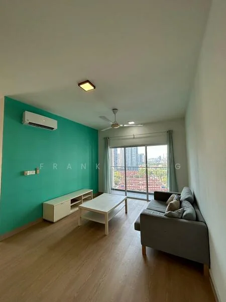 Living features: light blue accent wall, white painted walls, laminate flooring, 5-blade ceiling fan with light, wall-mounted split AC, sliding glass door, floor-to-ceiling windows, grey fabric sofa, coffee table, TV console; style: modern; view: city.