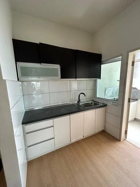 Kitchen features: black upper cabinets, white lower cabinets, black granite countertop, single-bowl stainless-steel sink, chrome pull-down faucet, white tiled backsplash, window above sink, laminate flooring in light wood finish; style: modern.