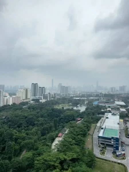 Exterior type: high-rise condominium; features: city skyline view, surrounded by greenery, adjacent to a sports complex, manicured lawns, urban landscape, multiple high-rise buildings, open space with trees; style: modern.