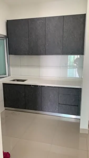 Kitchen features: black cabinetry with flat-panel doors, white countertop, single-bowl stainless-steel sink, wall-mounted cabinets, ceramic tile backsplash, glossy white wall tiles, light-colored floor tiles, window with view to outside; style: modern.