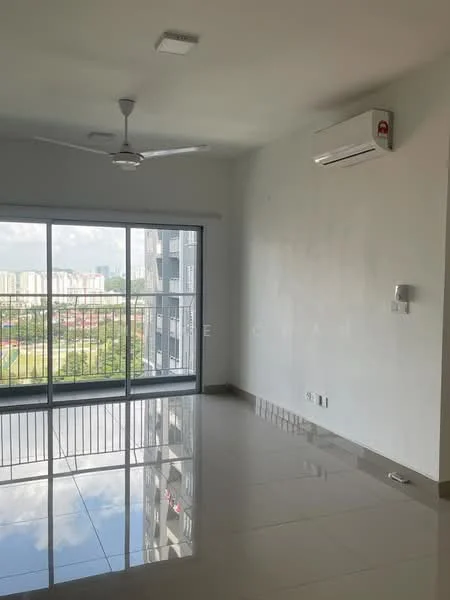Living features: large floor-to-ceiling windows, sliding glass door, white painted walls, polished ceramic tile flooring, 5-blade ceiling fan, wall-mounted split AC, neutral color scheme, city view, recessed downlights; style: modern; view: city.