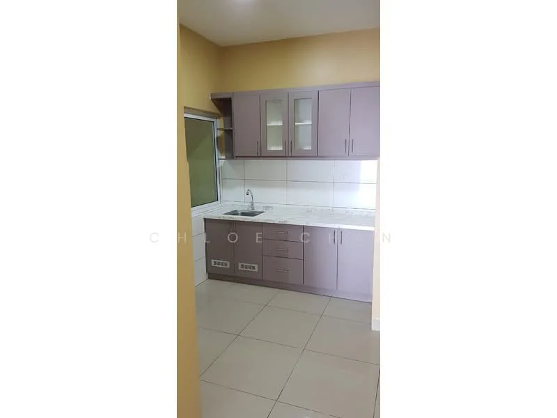 Kitchen features: purple cabinetry, white countertop, single-bowl stainless-steel sink, chrome pull-down faucet, white tiled backsplash, built-in oven, ceramic tile flooring, wall-mounted cabinets with glass fronts, window with sliding glass, electric outlets on the wall; style: modern.