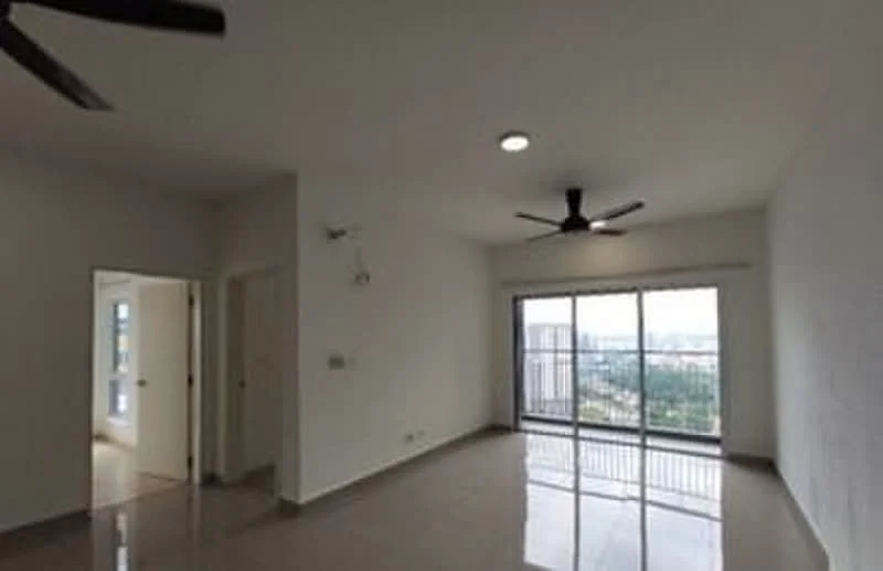 Living features: white painted walls, glossy tile flooring, 5-blade ceiling fan with light, large floor-to-ceiling windows, sliding glass door, city view, recessed lighting, neutral color scheme; style: modern; view: city. Room features: white painted walls, glossy tile flooring, doorway leading to another room.
