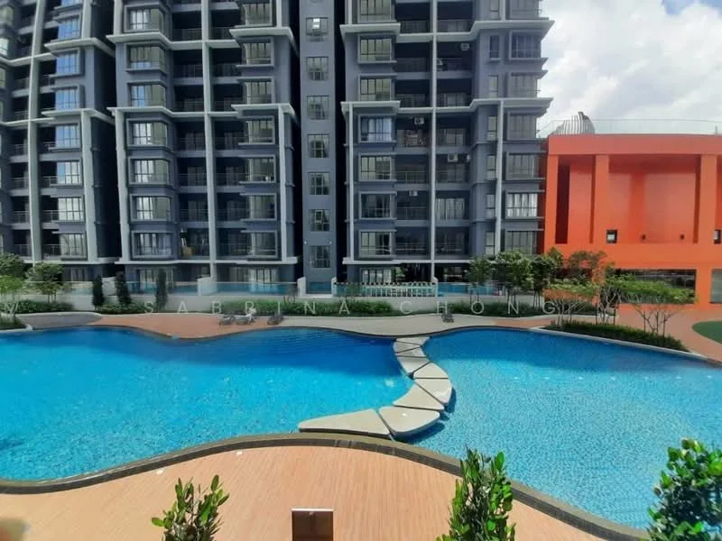 Exterior type: high-rise condominium; features: infinity pool, pool deck with loungers, manicured landscaping, surrounding greenery, modern facade, balconies on upper floors, water feature, children's playground, outdoor seating area; style: modern.