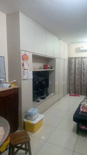 Living features: white painted walls, glossy tile flooring, built-in cabinetry, wall-mounted TV, sofa, curtains with floral pattern, air conditioning unit, coffee table; style: modern.