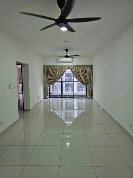 Living features: white painted walls, glossy ceramic tile flooring, 5-blade ceiling fan with light, recessed downlights, floor-to-ceiling windows, sheer curtains, sliding glass door, balcony access, neutral color scheme, open layout; style: modern; view: city.
