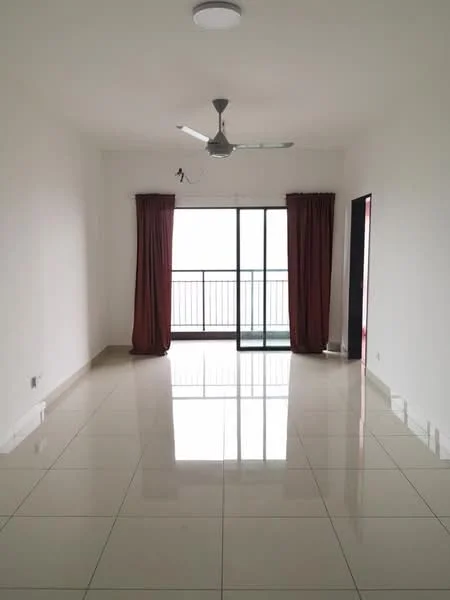 Living features: white painted walls, glossy ceramic tile flooring, 5-blade ceiling fan with light, floor-to-ceiling sliding glass door, red curtains, balcony access, recessed ceiling lights; style: modern; view: city.