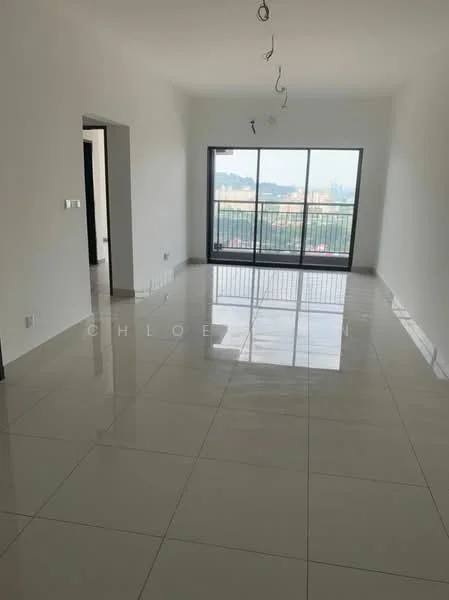Living features: white painted walls, glossy ceramic tile flooring, floor-to-ceiling windows, sliding glass door, balcony access, recessed downlights, open layout, city view; style: modern; view: city.