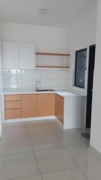 Kitchen features: white cabinetry with upper shelves, orange lower cabinets, single-bowl stainless-steel sink, chrome pull-down faucet, white countertop, ceramic tile flooring, white tiled backsplash, window with black frame, open shelving, recessed ceiling light; style: modern.