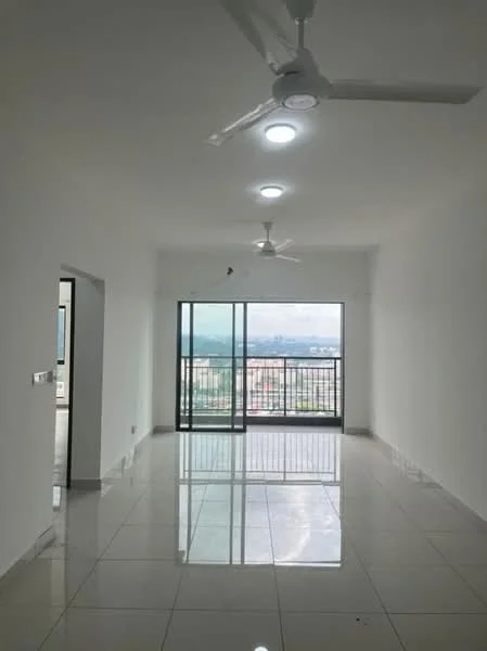Living features: white painted walls, glossy ceramic tile flooring, 2 ceiling fans, floor-to-ceiling windows, sliding glass door, city view, recessed LED downlights, neutral color scheme; style: modern; view: city.