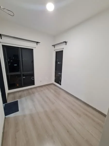 Room features: white painted walls, laminate flooring, floor-to-ceiling windows, blackout curtains, single ceiling light fixture, two windows with city view; style: modern; view: city.