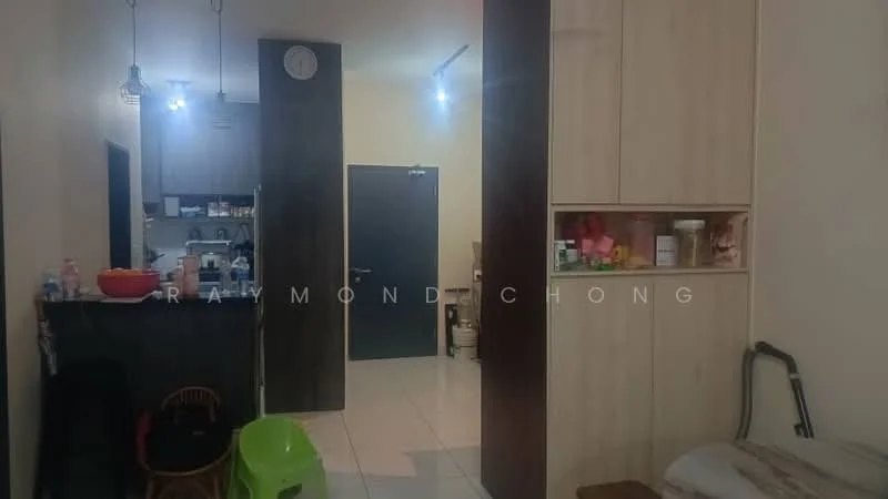 Room features: white walls, tile flooring, recessed ceiling lights, built-in cabinetry, open kitchen layout, kitchen counter with bar stools, clock on wall, doorway leading to another room, green plastic chair, small wooden chair; style: modern.