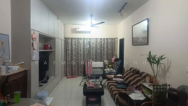 Living features: white painted walls, glossy tile flooring, 5-blade ceiling fan, sofa with patterned upholstery, coffee table, TV console, wall-mounted TV, curtains with floral pattern, decorative wall art, potted plant, open shelving unit, area rug; style: contemporary.
