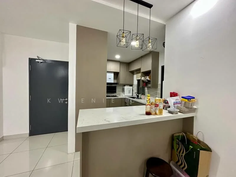 Kitchen features: white quartz countertop, stainless-steel sink, chrome pull-down faucet, built-in oven, freestanding range oven, microwave, white cabinetry, tile backsplash, pendant lighting, recessed downlights, ceramic tile flooring, open shelving, bar stools, kitchen island; style: modern.