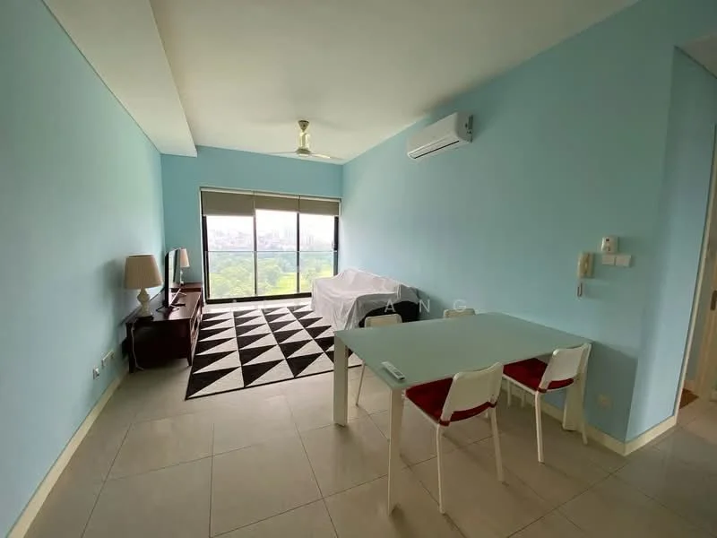 Living features: light blue painted walls, white ceiling, 5-blade ceiling fan, floor-to-ceiling windows, sliding glass door, white sofa covered with a sheet, wooden console table, black and white geometric area rug, dining table with white chairs, wall-mounted air conditioning unit, tile flooring; style: modern; view: city.