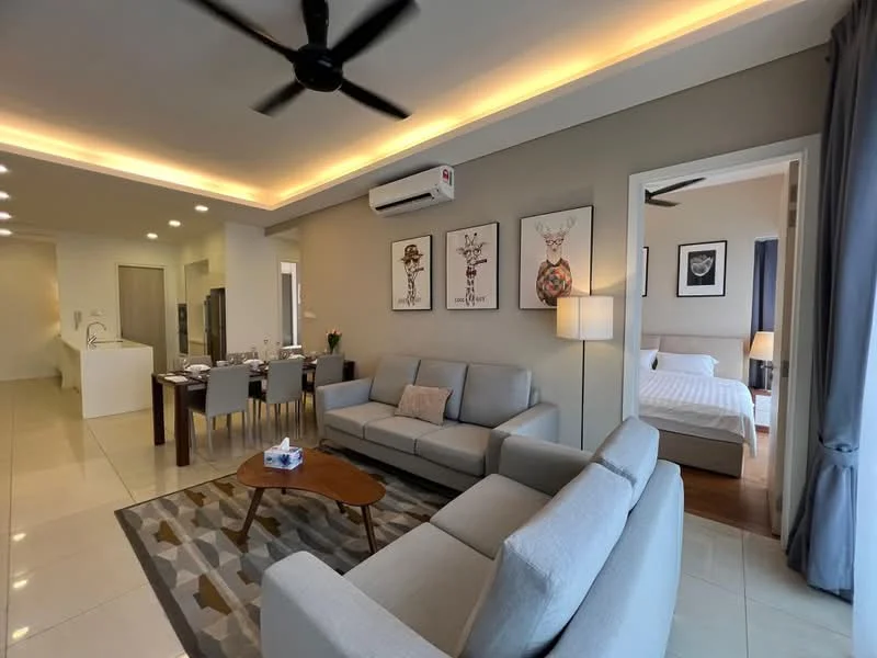 Living features: 3-seater fabric sofa in light grey, 2-seater fabric sofa in light grey, wooden coffee table, area rug with geometric pattern, ceiling fan with light, recessed LED downlights, wall-mounted air conditioning unit, framed artwork on walls, floor-to-ceiling windows with sheer curtains, light grey painted walls, tile flooring, decorative lamp; style: modern. Dining features: 4-seater dining table, upholstered dining chairs, wall-mounted artwork, light grey painted walls, tile flooring; style: modern. Bedroom features: queen-size bed with white bedding, wooden headboard, nightstand with lamp, built-in wardrobe, light grey painted walls, wood flooring; style: modern.