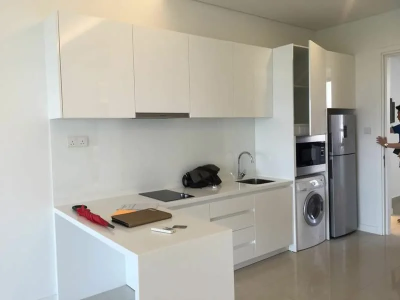 Kitchen features: white high-gloss cabinetry, stainless-steel fridge, built-in oven, 4-burner induction hob, single-bowl stainless-steel sink, chrome pull-down faucet, white quartz countertop, washing machine, tile backsplash, under-cabinet lighting, open shelving, neutral tile flooring; style: modern.