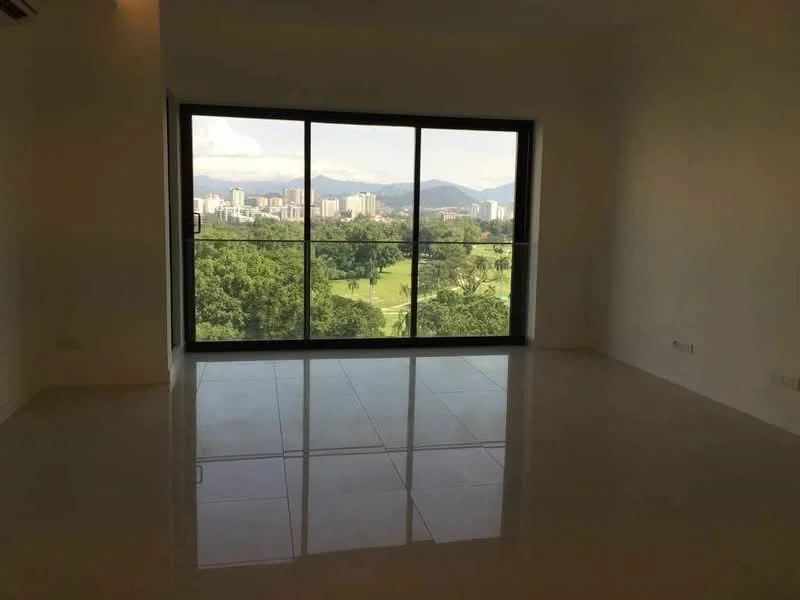 Room features: large floor-to-ceiling windows, white painted walls, glossy tile flooring, mountain view, city skyline view, air conditioning unit; style: modern; view: city.