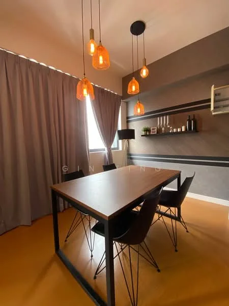 Dining features: wooden dining table, 4 black dining chairs, pendant lighting with amber glass shades, grey accent wall, floor-to-ceiling window with sheer curtains, shelf with decorative items, laminate flooring, black floor lamp; style: modern.