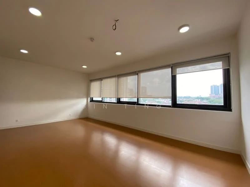 Room features: white painted walls, laminate flooring, recessed LED downlights, large windows, roller blinds, city view, smooth ceiling, open layout; style: modern; view: city.