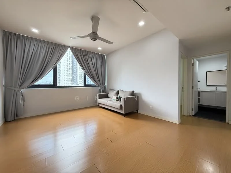 Living features: large floor-to-ceiling window, grey curtains, light wood flooring, 3-seater fabric sofa in light grey, recessed downlights, ceiling fan, white painted walls, open layout; style: modern; view: city. Room features: doorway leading to bathroom, white painted walls, light wood flooring.
