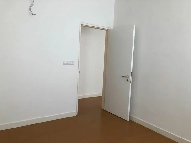 Room features: white painted walls, brown laminate flooring, single white door, door frame, light fixture on ceiling.