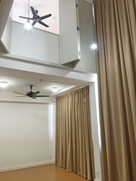 Room features: cream painted walls, wooden flooring, 5-blade ceiling fan with light, 5-blade ceiling fan, recessed downlights, floor-to-ceiling curtains in beige, hanging pendant light; style: modern.