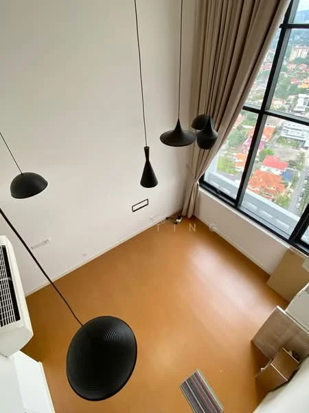 Room features: large floor-to-ceiling windows, black pendant lights, light brown vinyl flooring, cream curtains, air conditioning unit, decorative wall panel, area rug, city view; style: modern; view: city.