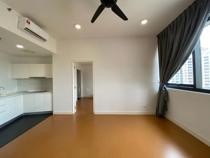 Living features: laminate flooring, white painted walls, 5-blade ceiling fan, recessed LED downlights, floor-to-ceiling windows, grey curtains, air conditioning unit, open kitchen layout; style: modern; view: city. Kitchen features: white cabinetry, stainless-steel sink, countertop with black surface, built-in appliances; style: modern.