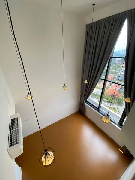 Room features: large windows, floor-to-ceiling windows, grey curtains, hanging pendant lights, air conditioning unit, brown flooring, white painted walls, high ceiling; style: modern; view: city.