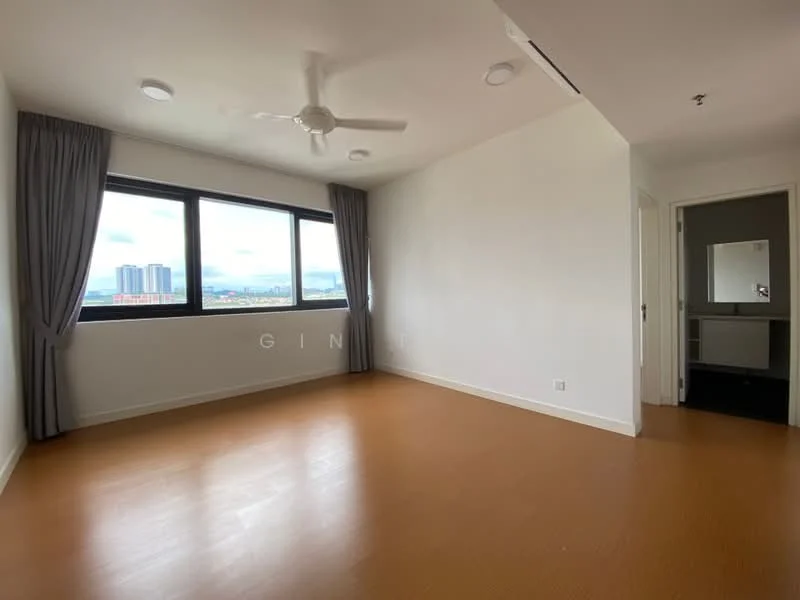 Room features: light brown laminate flooring, white painted walls, ceiling fan, floor-to-ceiling windows, curtains, door leading to another room, recessed ceiling lights; style: modern; view: city.